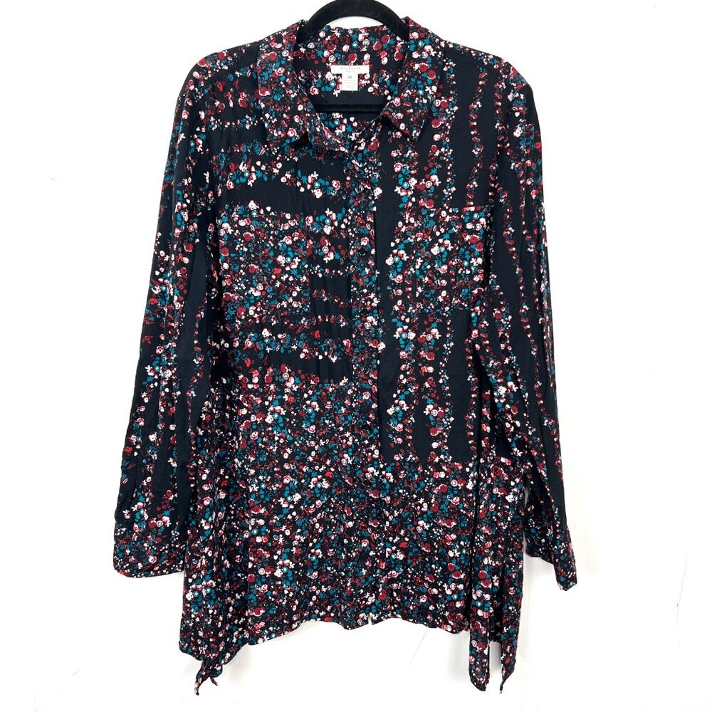 Westbound Woman Black Red Blue Floral Button Down Shirt Plus Size 2X‎